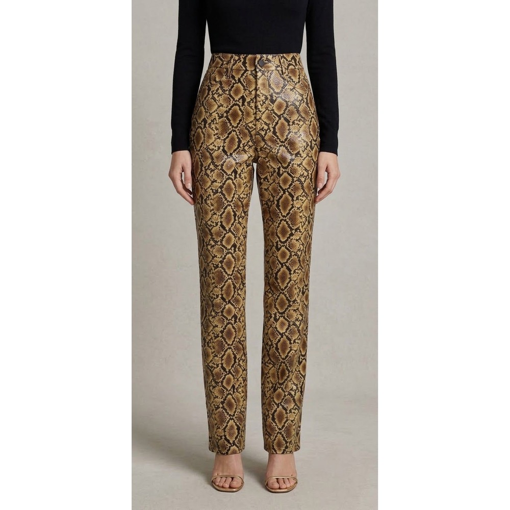Good American Good 90s High Rise Straight Leg Snake Print Pants Yellow Brown 12
